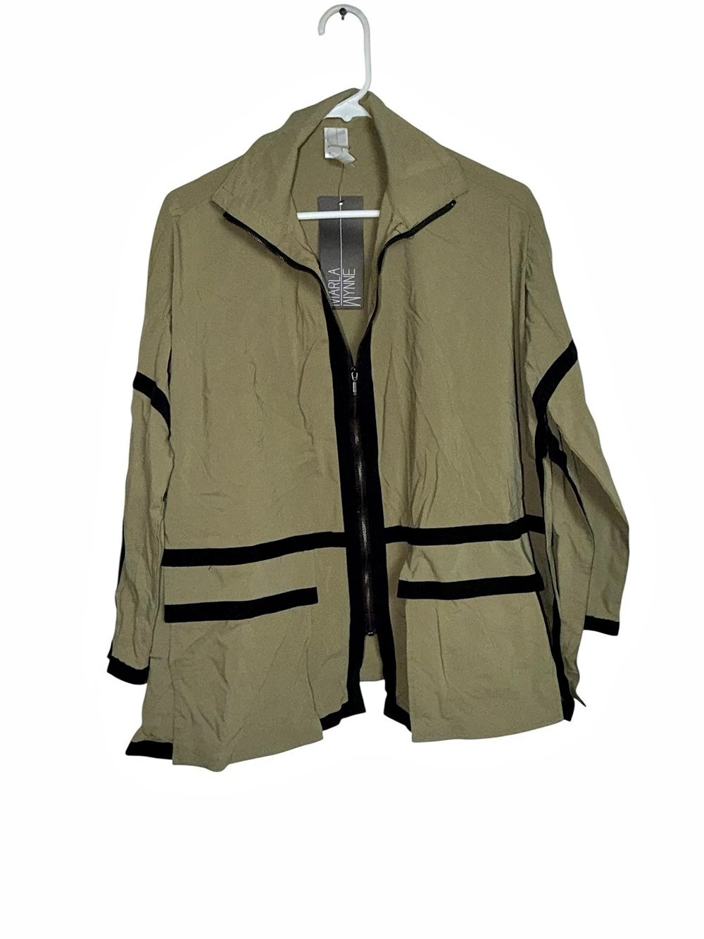 Maria Wynne Olive Green Utility Jacket Black Trim Zip Front Size S
